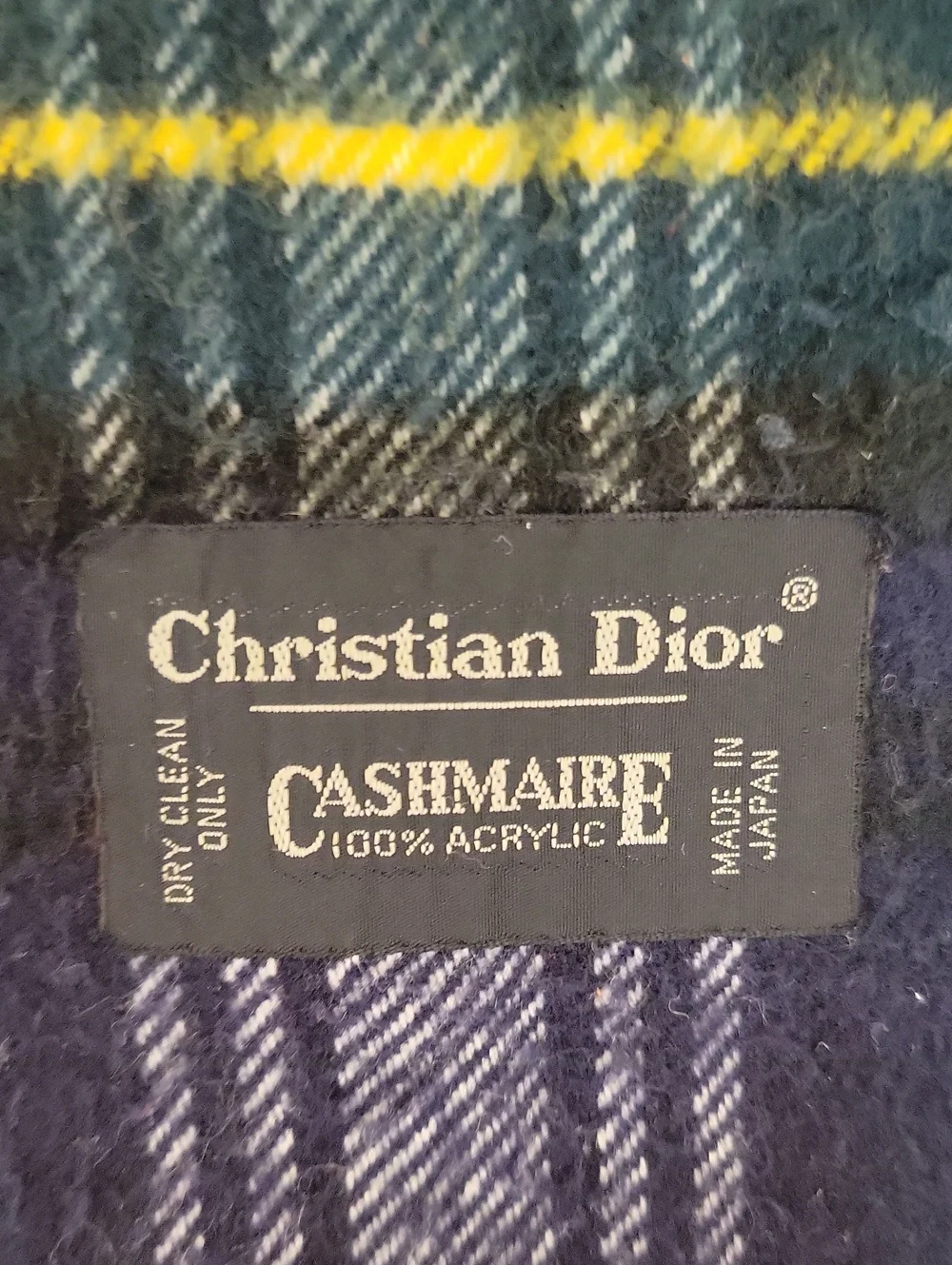 Christian Dior Plaid Fringe Cashmaire Scarf in Navy, White and Yellow Vintage